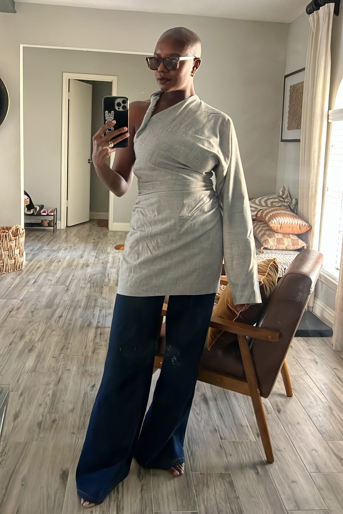 Casual outfit! Grey one sleeve dress, wide leg dark denim jeans and tortoise sunglasses  

#LTKootd #LTKWorkwear