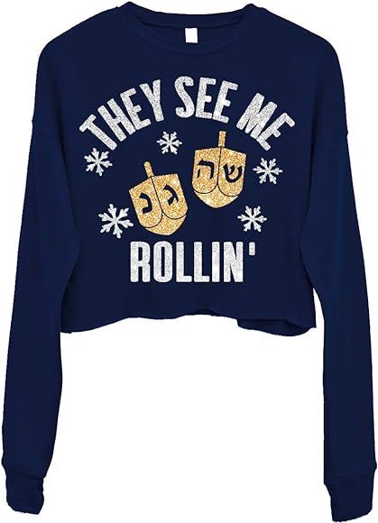 Amazon.com: They See Me Rollin' Cropped Hanukkah Sweater for Women (Small) Navy Blue : Clothing, ... | Amazon (US)