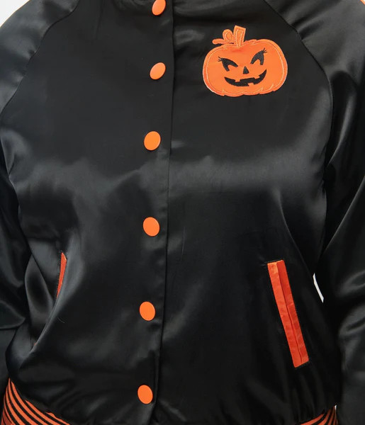 Unique Vintage Black & Orange Scream Queen Satin Bomber Jacket | UniqueVintage