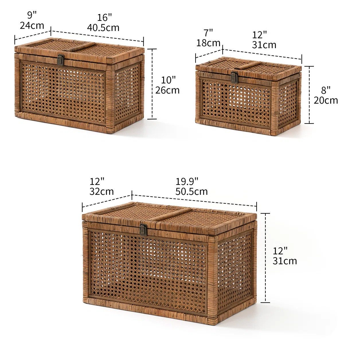 Natural Rattan Storage Box Set of 3, Decorative Woven Chest Trunks with Latch Closures | Wayfair North America