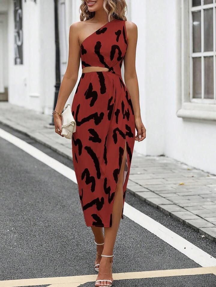 SHEIN Privé Allover Print One Shoulder Cut Out Waist Asymmetrical Hem Dress | SHEIN