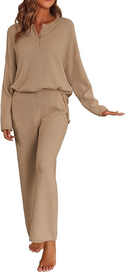 Ekoauer Pajamas Set Women Long Sleeve 2 Piece Outfits Knit Sweater Slouchy Button Sleepwear Sets ... | Amazon (US)