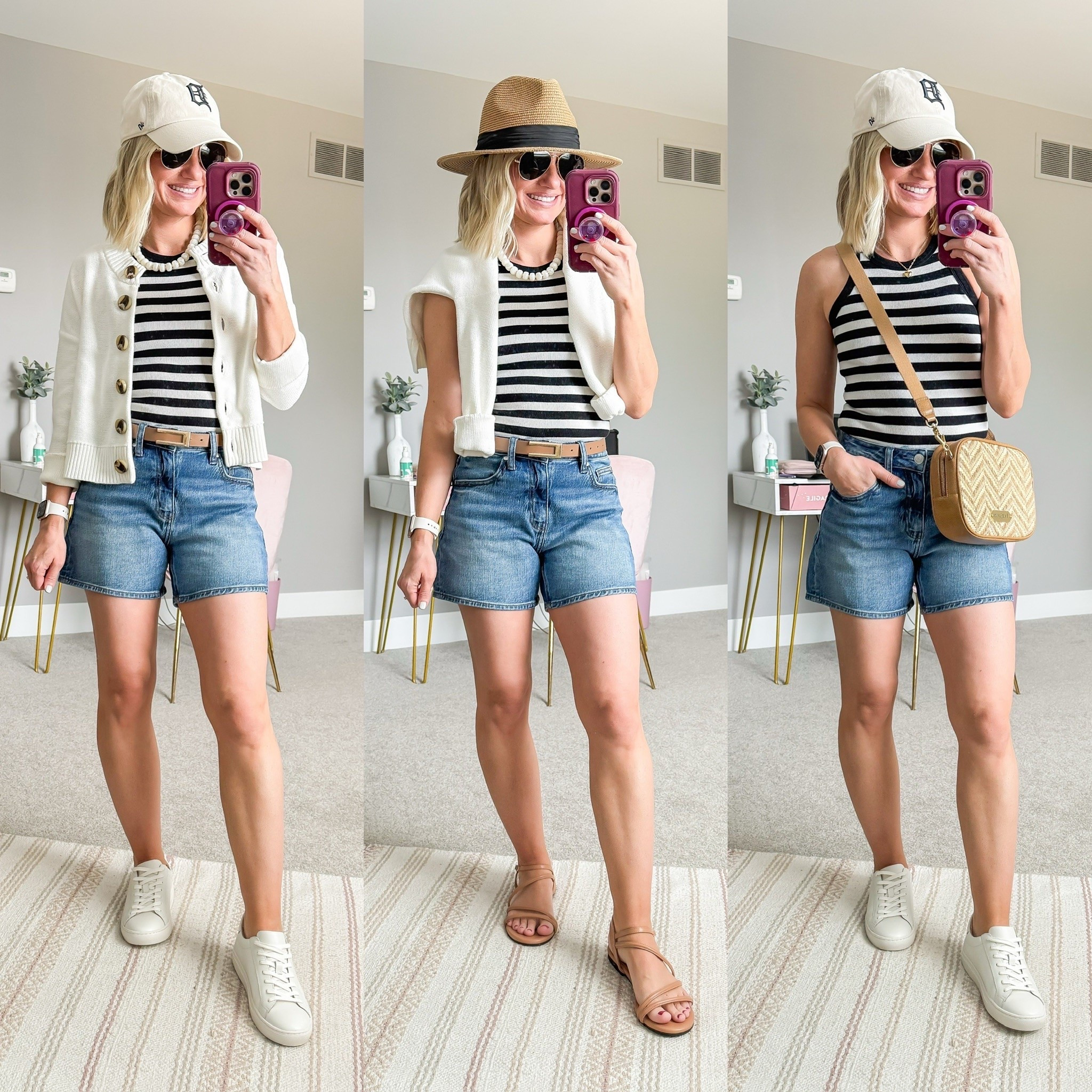 Summer capsule wardrobe, three outfits with jean shorts and striped top.

#LTKOver40 #LTKSeasonal #LTKPetite