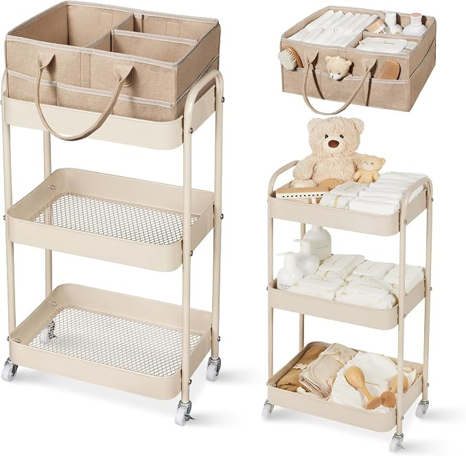Fortella Baby Diaper Caddy, 3 Tier Rolling Cart for Baby Essentials, Taupe | Amazon (US)