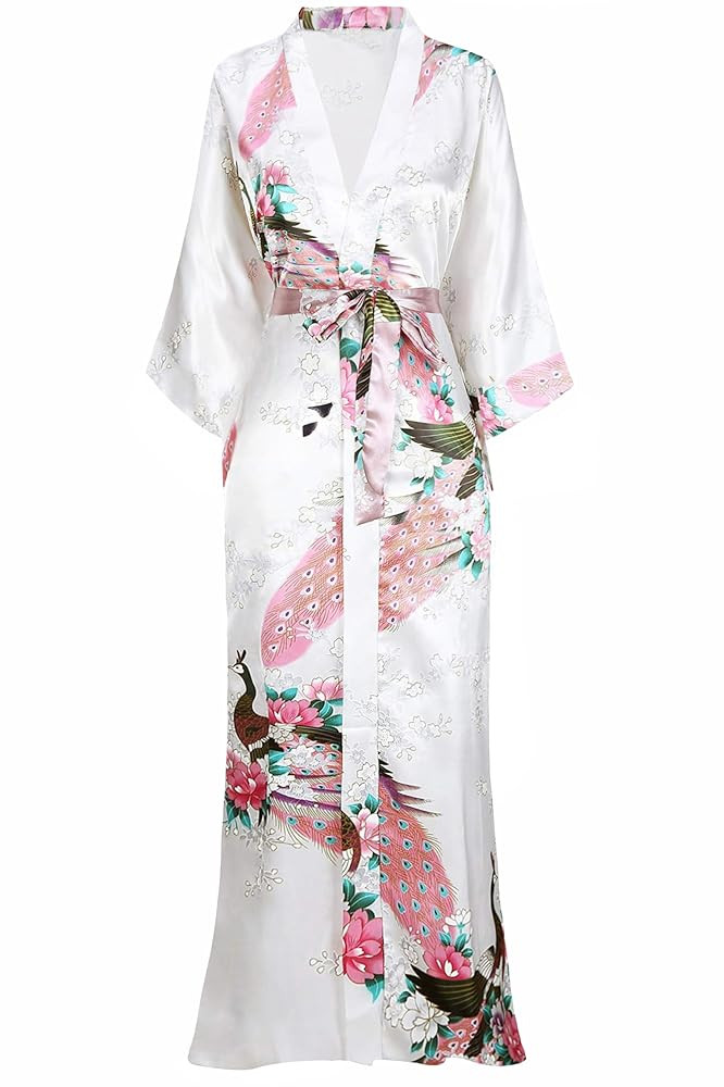 BABEYOND Women's Kimono Robe Long Satin Robes with Peacock and Blossoms Printed Kimono Nightgown | Amazon (US)