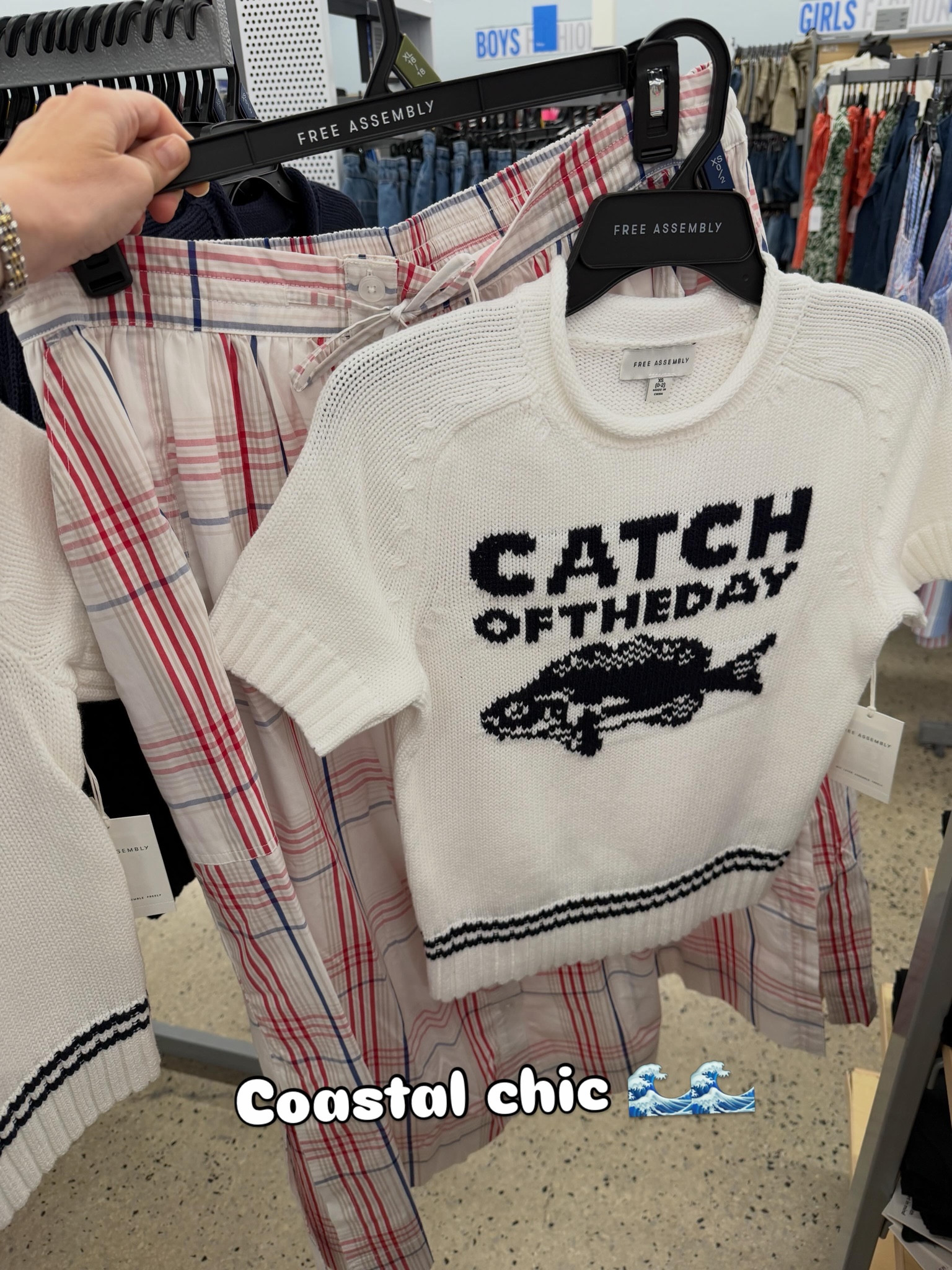 Walmart preppy coastal nautical Ralph Lauren vibes short sleeve graphic sweater and cotton plaid midi skirt outfit idea