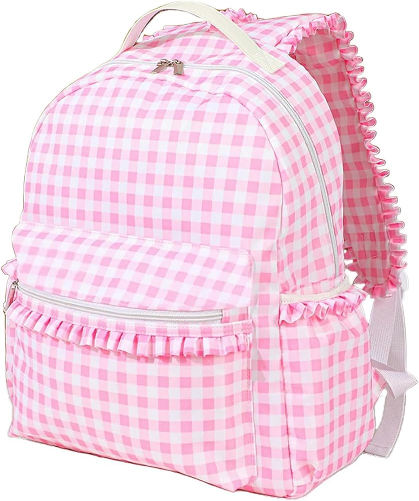 bag Ruffle Plaid Backpack Pink Blue Women's Outdoor Travel (Pink,41 * 33 * 9cm) | Amazon (US)