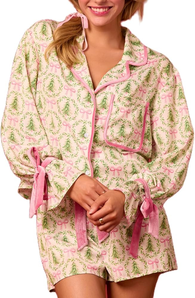 KOSUSANILL Christmas Pajamas for Women 2 Piece Bow Pajama Set Tie Cuff Long Sleeve Santa Print Bu... | Amazon (US)