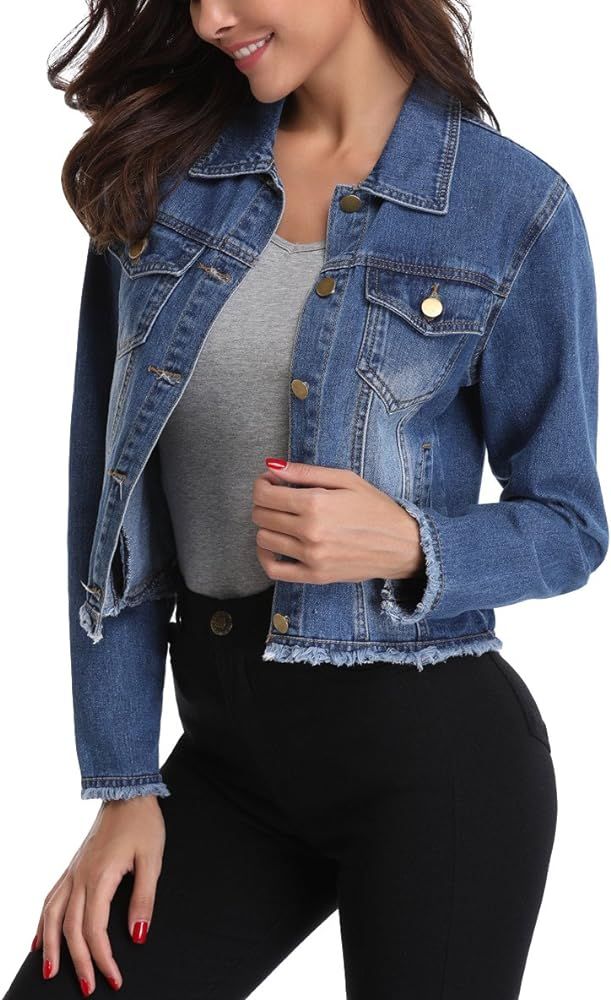 Women’s Cropped Denim Jacket Frayed Washed Button Up Casual Jean Jacket Vest w 2 Side Pockets | Amazon (US)