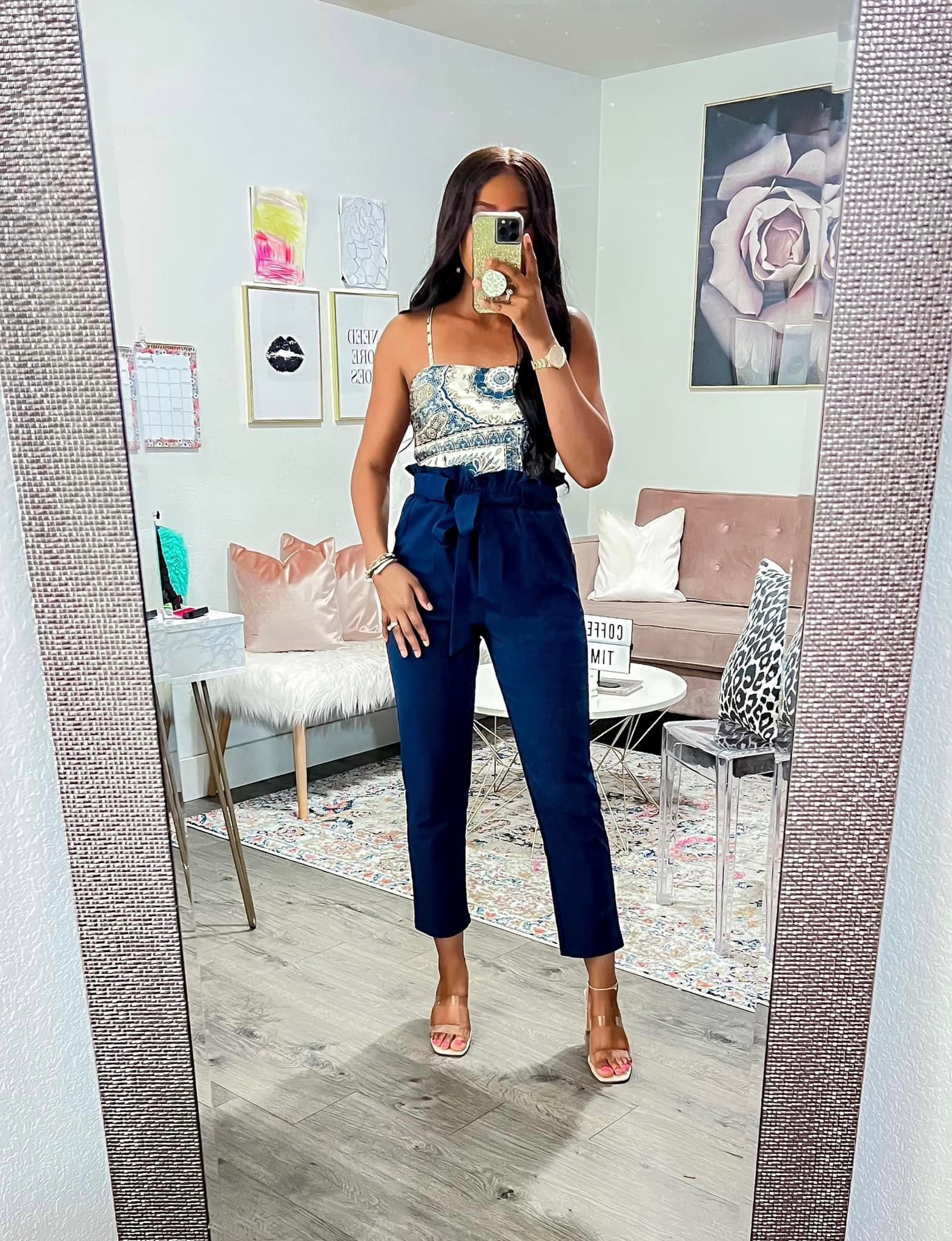 Top: Wearing a small, bandana style, adjustable shoulder straps and self tie detail in the back. •Pants: I am 5’4” wearing a small, elastic paper bag style waist and removable belt. •Heels: Went with my normal size. 

#LTKunder50 #LTKshoecrush #LTKstyletip