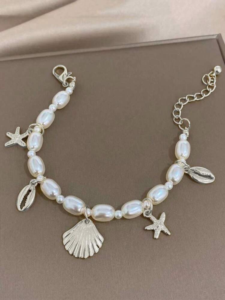 1pc Women Casual Beach Fashion Simple Shell & Starfish Faux Pearl Bracelet | SHEIN