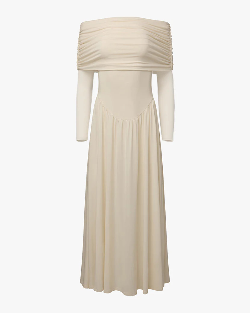 Off Shoulder Ruched Midi Dress | We Wore What