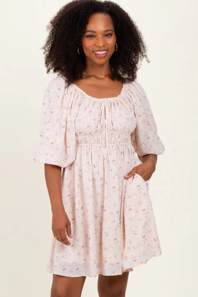 Cream Floral Square Neck Bubble Sleeve Dress | PinkBlush Maternity