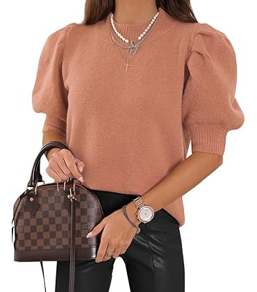 Women's Puff Short Sleeve Sweater Tops 2024 Spring Summer Trendy Crew Neck Casual T Shirts Blouse... | Amazon (US)