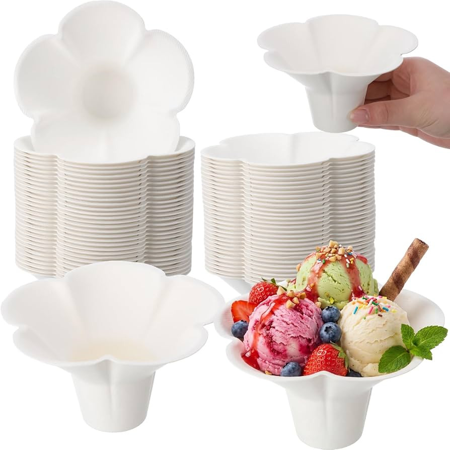Honeydak 50 Pcs Ice Cream Bowls Compostable Flower Shape Paper Bowls 8 oz Heavy Duty White Dispos... | Amazon (US)