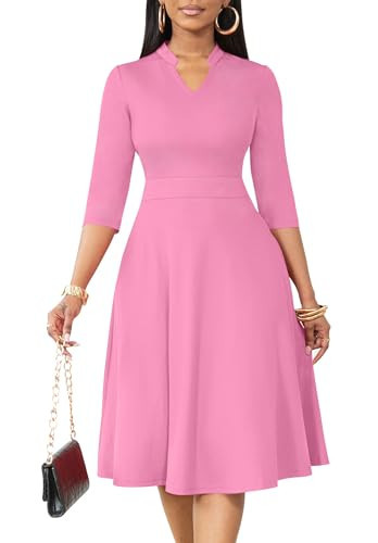 Nmoder Casual Dresses for Women Semi Formal Fit and Flare 3/4 Sleeve A-line Church Work Dress with Pockets Light Pink M | Amazon (US)