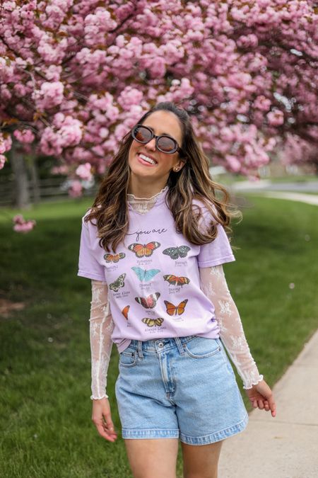 Butterfly graphic t shirt layered over sheer lace top from Amazon! 

Summer outfit // casual outfit // oval sunglasses from Amazon // Amazon fashion // graphic tee outfit // denim shorts from Abercrombie // Abercrombie Jean shorts 

#LTKStyleTip #LTKSeasonal #LTKFindsUnder100