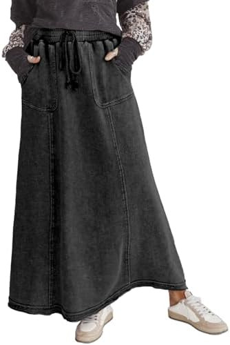 Ainangua Womens High Waist Maxi Skirt Acid Wash Casual Flowy Elastic A Line Travel Boho Long Skir... | Amazon (US)