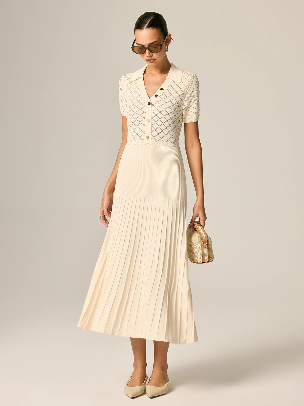 Polo Collar Hollow Knit Pleated Maxi Dress | Commense