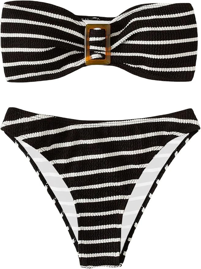 GORGLITTER Women's 2 Piece Strapless Swimsuit Striped Bandeau High Waisted Thong Bikini Set Bathi... | Amazon (US)