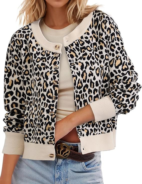 Leopard Cardigan Open Front Button Up Sweaters for Women Long Sleeve Shrug Cheetah Print Top Crop... | Amazon (US)