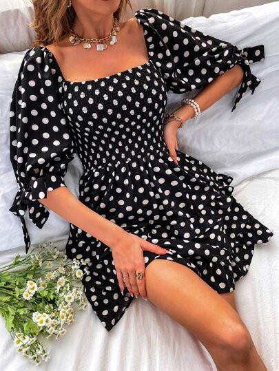Polka Dot Square Neck Shirred Knot Cuff Layered Hem Dress | SHEIN