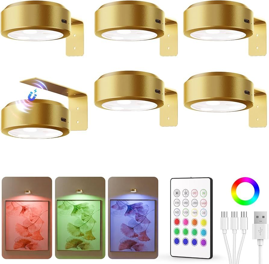 EZVALO Color Changing Picture Lights for Wall,2000mAh Rechargeable Battery Painting Light,Wireless Magnetic Art Light with Remote Control Timer,Dimmable Wall Lights for Pictures,Gallery,Frame(6 Pack) | Amazon (US)