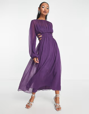 ASOS DESIGN pleated midi dress with ruched waist detail in purple | ASOS (Global)