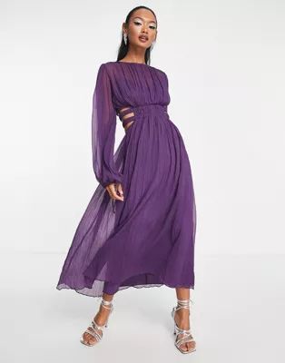 ASOS DESIGN pleated midi dress with ruched waist detail in purple | ASOS (Global)