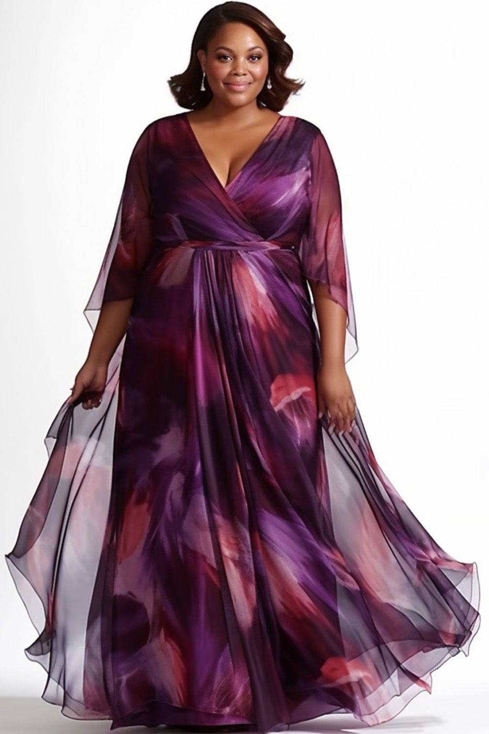 Xpluswear Design Plus Size Mother Of The Bride Elegant Purple All Over Print Wrap Neck 3/4 Sleeve... | Xpluswear