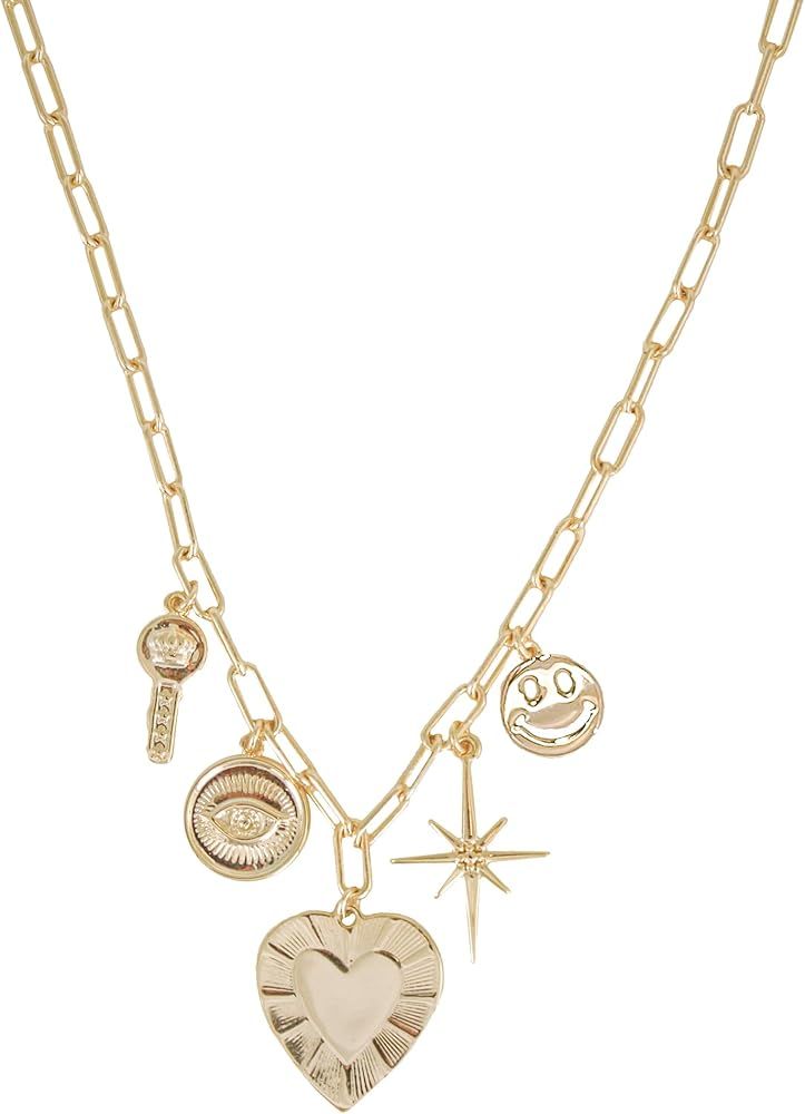 Multiple Charm Necklace in 14k Gold Plate Paperclip Chain is Adjustable with Lover Charms - Heart... | Amazon (US)