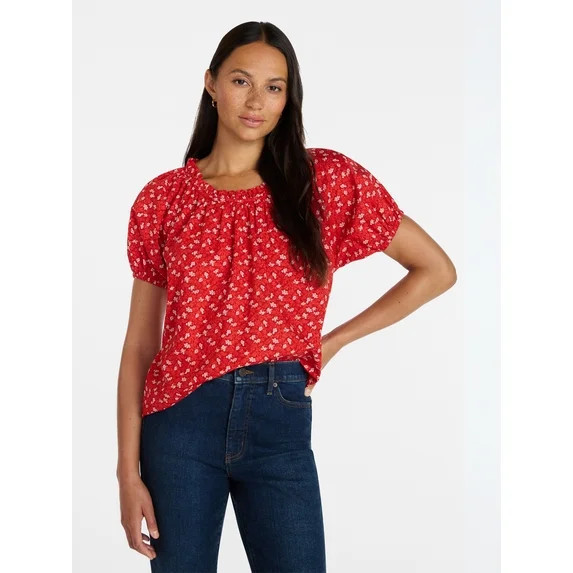 Time and Tru Women's Ruffle Neck Cotton Top with Short Puff Sleeves, Sizes XS-XXXL | Walmart (US)