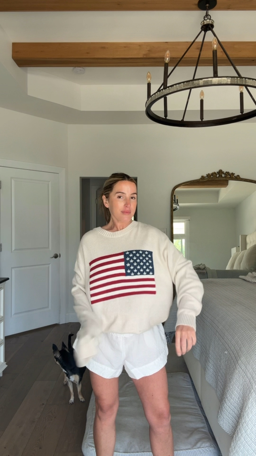 I’m 5’2” in large sweater + small shorts (sweater is from last year so I have linked similar) 