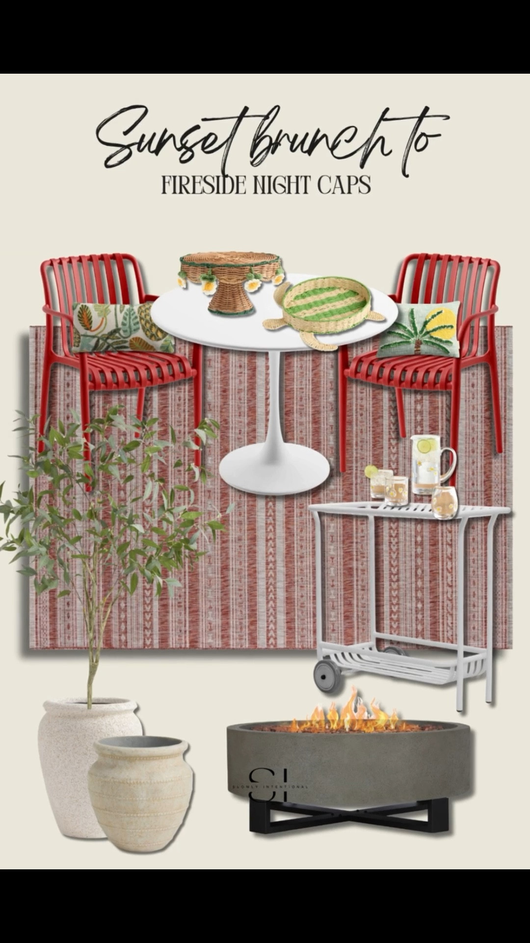 This is the perfect set up for that little deck or small patio corner they are never gonna wanna leave. outdoor entertaining, patio decor ideas, modern fire pit, summer hosting essentials, red patio chairs, coastal outdoor living, outdoor bar cart, tropical home decor, boho patio style, backyard oasis ￼

#LTKHome #LTKMothersDay #LTKSeasonal