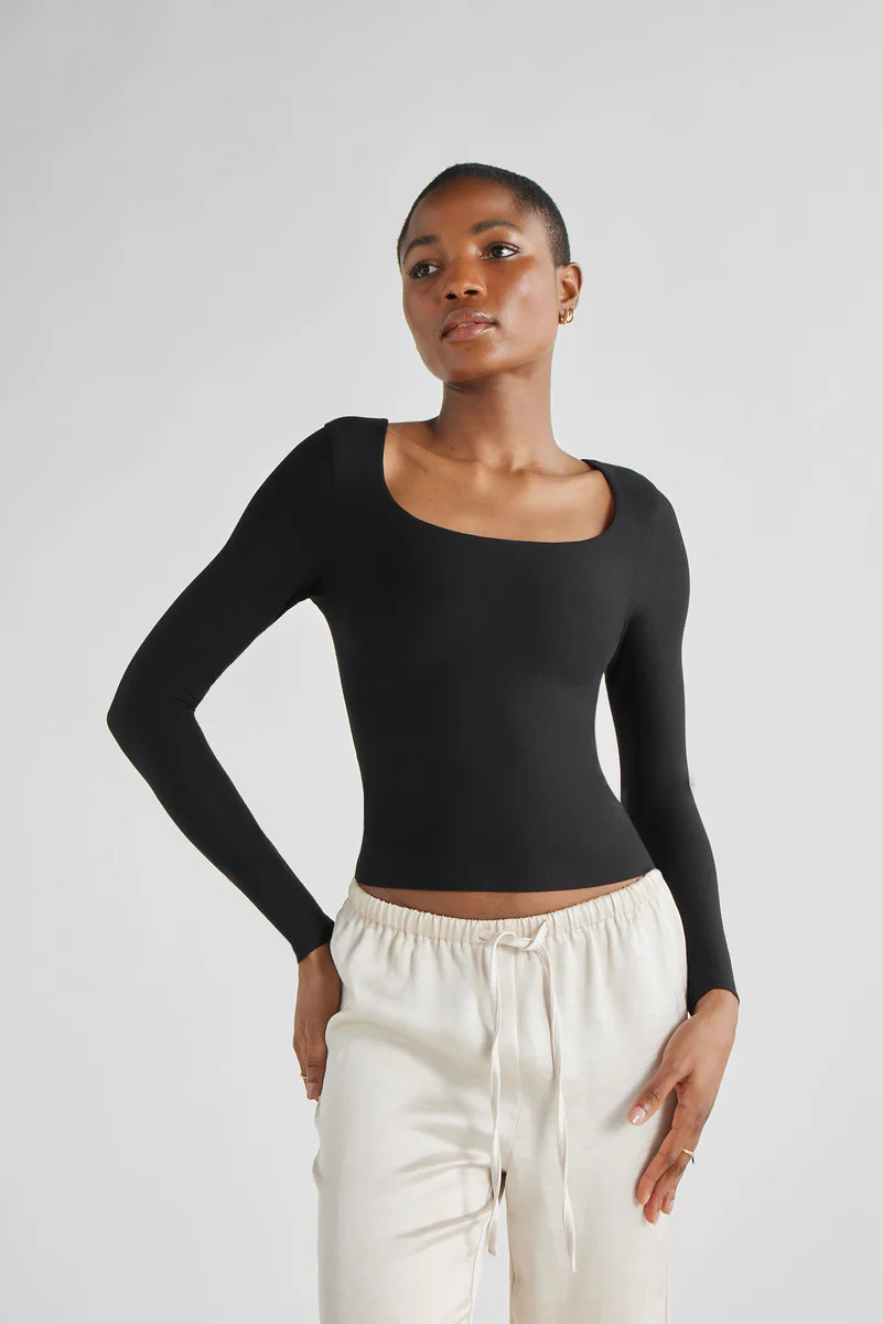Malam Black Long Sleeve Square Neck Top | KLAYD | KLAYD
