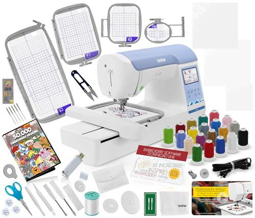Brother PE900 Embroidery Machine Bundle - 5" x 7" Embroidery Field, Cuts Jump Stitches, Wireless LAN, Includes 4 Hoops, 20 Premium Threads, Stabilizer Sheets, 50,000+ Designs, Accessories & More | Amazon (US)