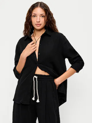 Open-Back Crinkle Gauze Button-Down Shirt | Old Navy (US)