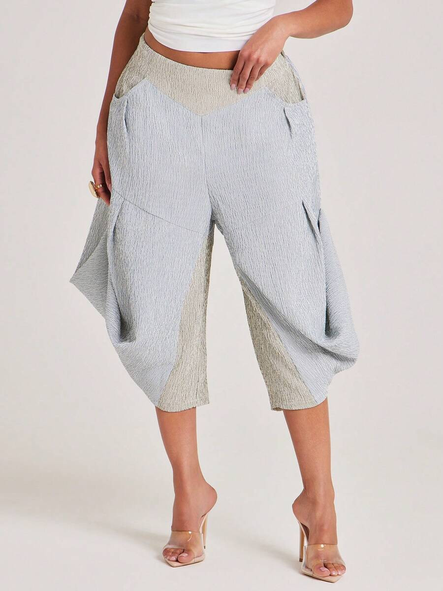 NYA SZN Pant Capri Short Striped Avant Garde Pleated Gathered Unique Bubble Balloon Barrel Sculpt... | SHEIN