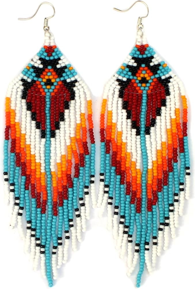 Long Beaded Dangle Earrings – Boho Native Handmade Seed Bead Tassel Bohemian Large Statement Dr... | Amazon (US)