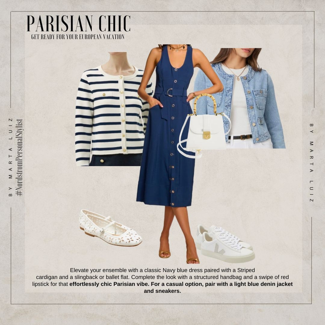 Nordstrom Limited Time Sale
Parisian Chic |  Get Ready for Your European Vacation

Elevate your ensemble with a classic Navy blue dress paired with a Striped
cardigan and a slingback or ballet flat. Complete the look with a structured handbag and a swipe of red lipstick for that effortlessly chic Parisian vibe. For a casual option, pair with a light blue denin jacket and sneakers.

#LTKSeasonal #LTKStyleTip #LTKTravel