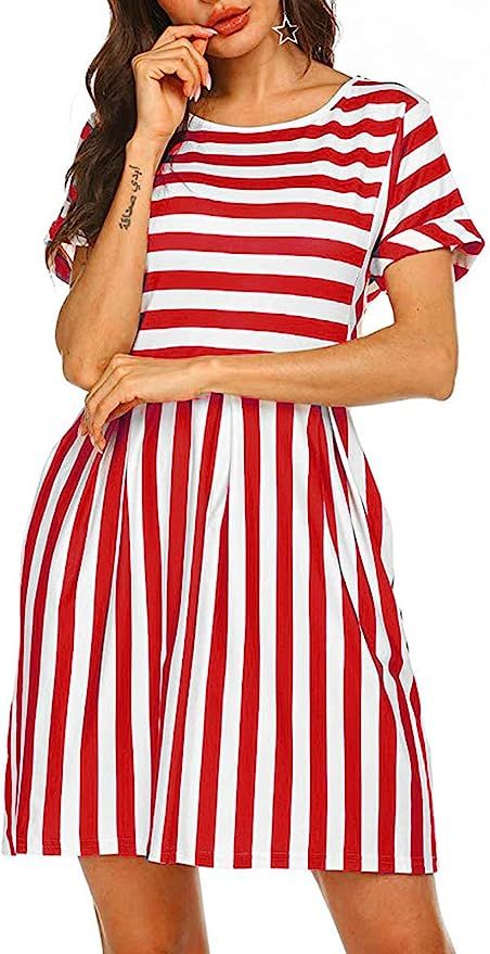 Naggoo Womens Summer Striped Short Sleeve T-Shirt Dresses Casual Swing Aline Dresses with Pocket | Amazon (US)