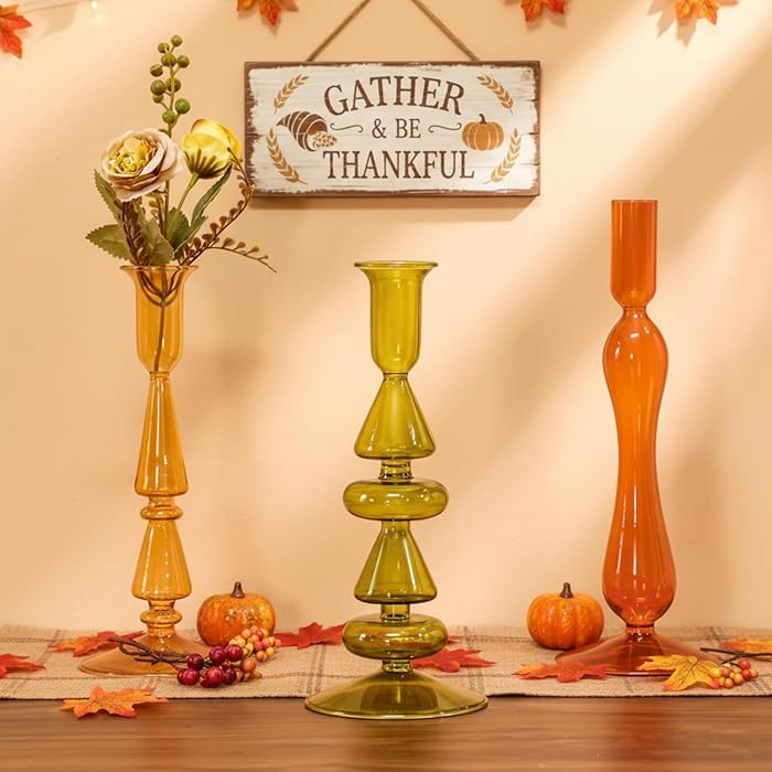 Mumufy 3 Pcs Thanksgiving Glass Candlestick Holders Thanksgiving Ball Shaped Glass Taper Candle H... | Amazon (US)