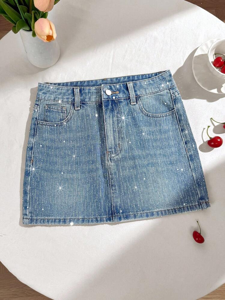 Comfortcana Casual Straight Fit Denim Mini Skirt In Dark Wash For Everyday Wear Rhinestone Denim ... | SHEIN