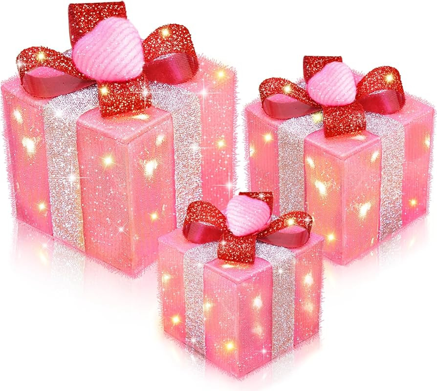 [Timer&8 Mode] 3 Pack Pink Valentines Decorations Christmas Lighted Gift Boxes with Pink Hearts S... | Amazon (US)
