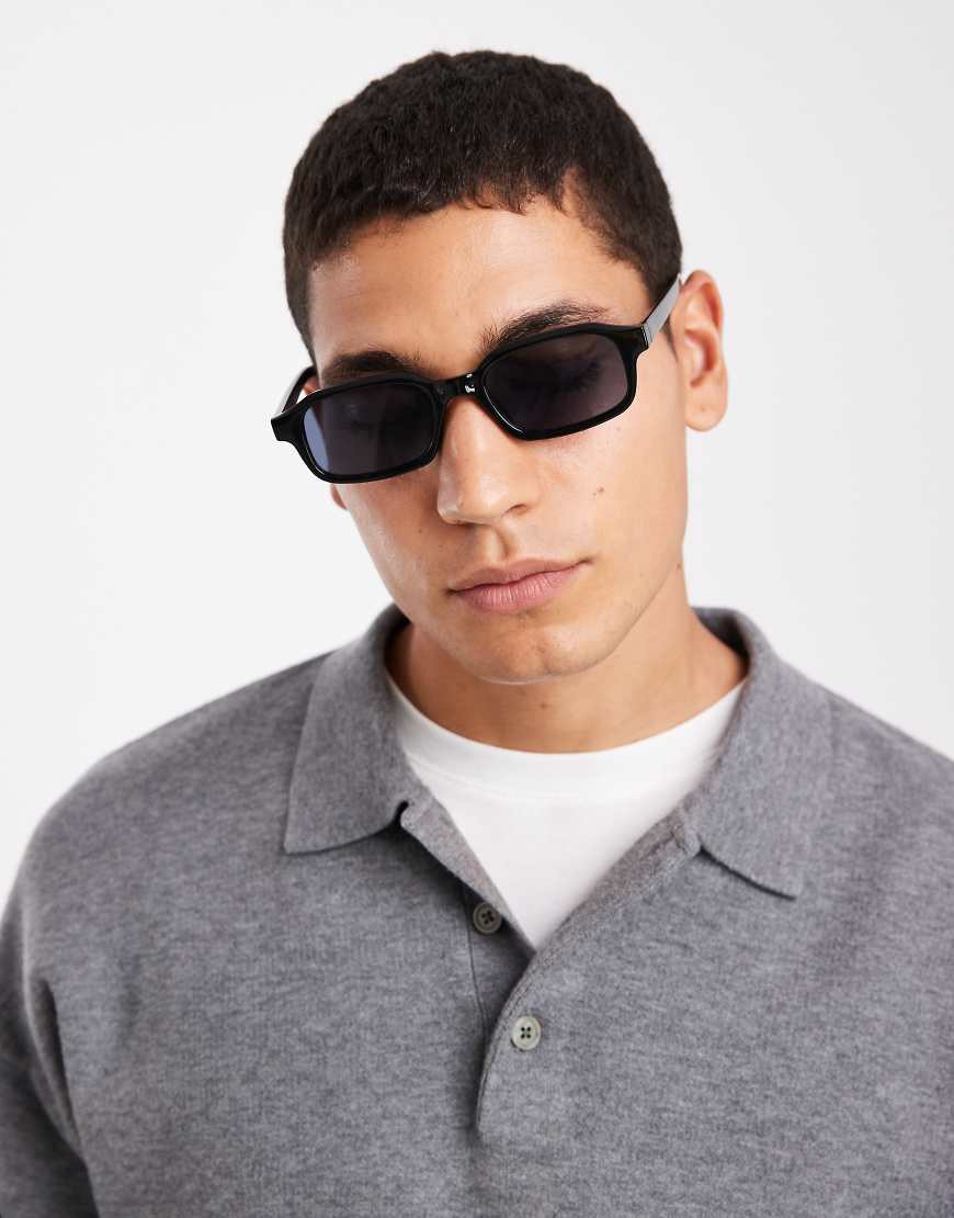ASOS DESIGN slim rectangle sunglasses in black with smoke lens | ASOS (Global)