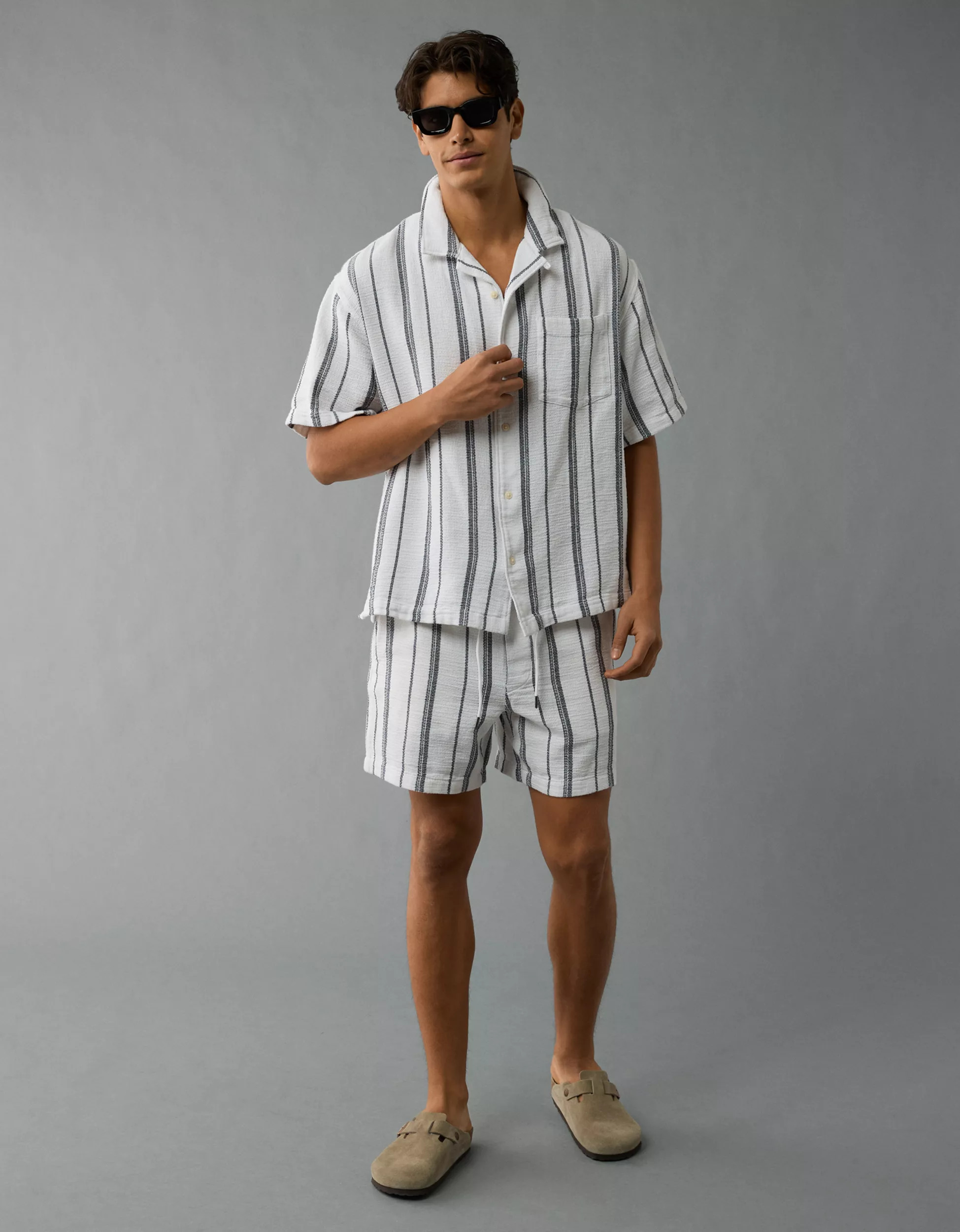 AE Poolside Striped Button-Up Shirt | American Eagle Outfitters (US & CA)