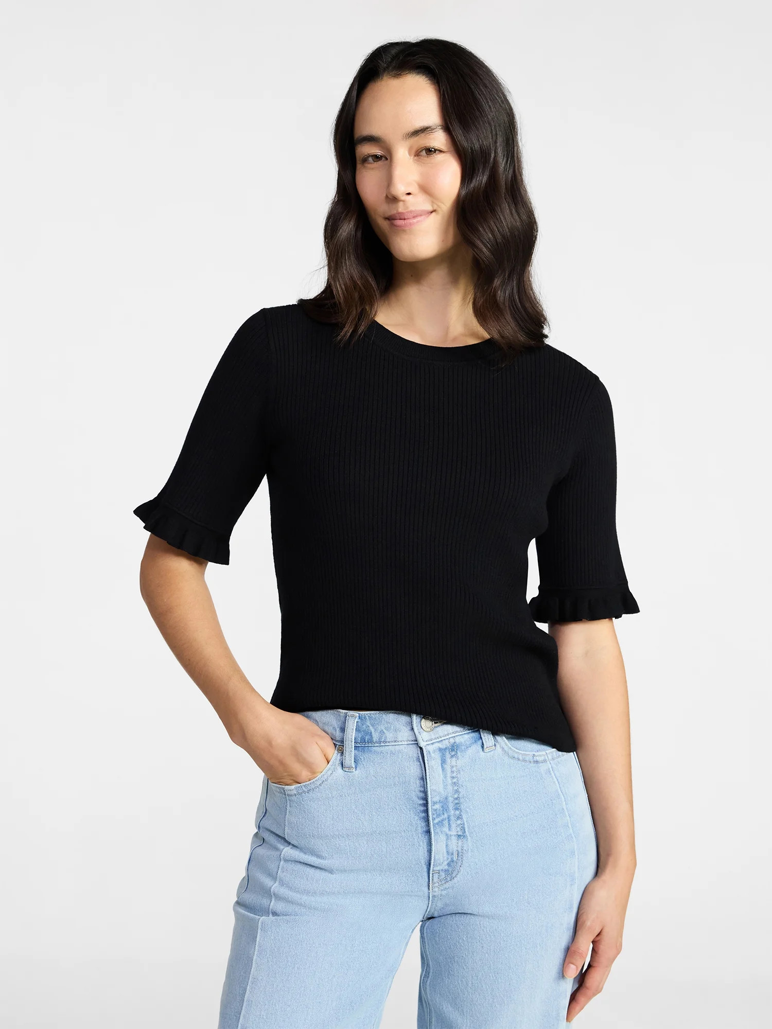 Time and Tru Women's Ribbed Sweater with Flounce Sleeves, Midweight, Sizes XS-XXXL | Walmart (US)