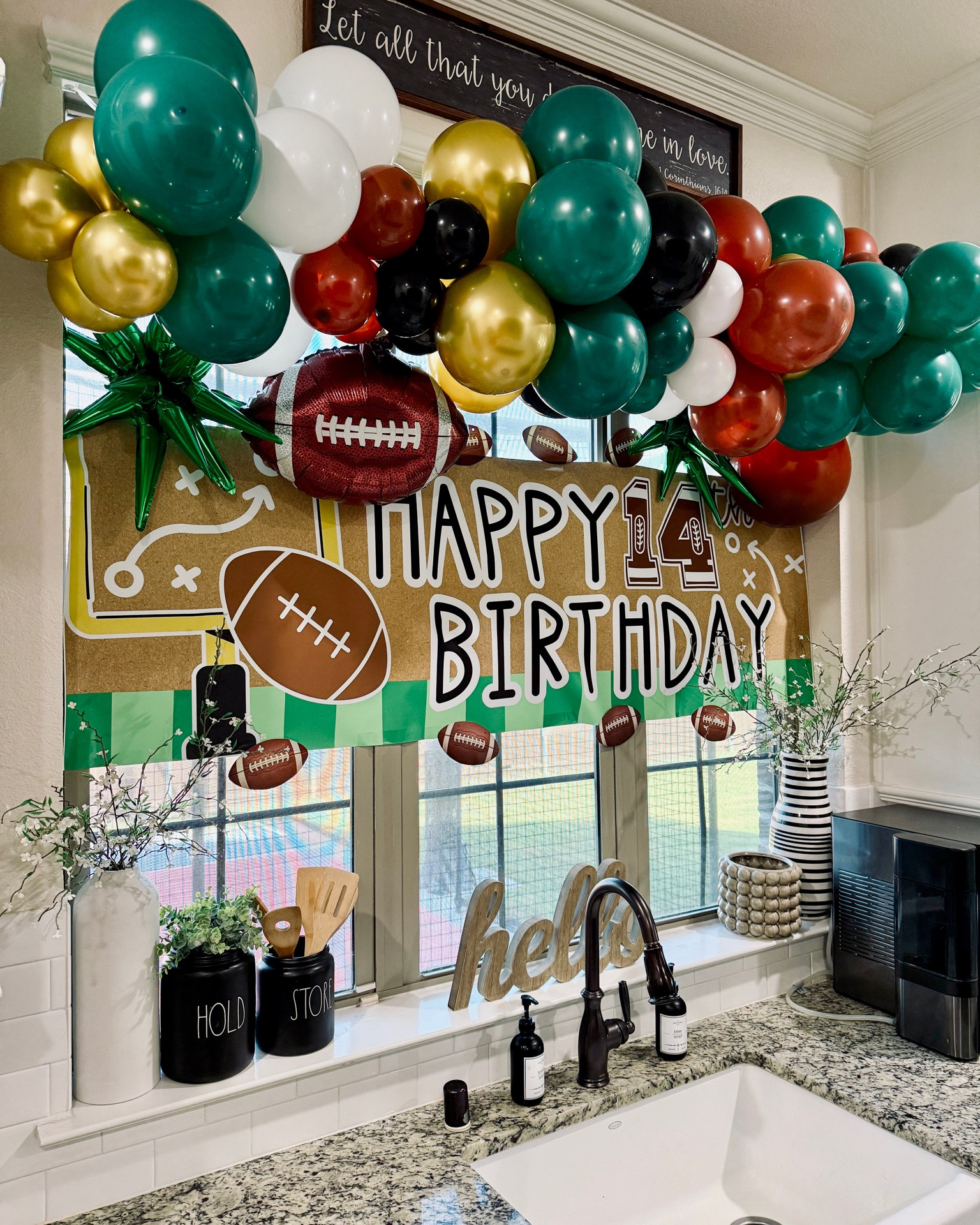 Happy Birthday Banner and Balloons for our 14 year old son who loves football!

Digital banner with a football theme from Etsy

Balloons from Amazon