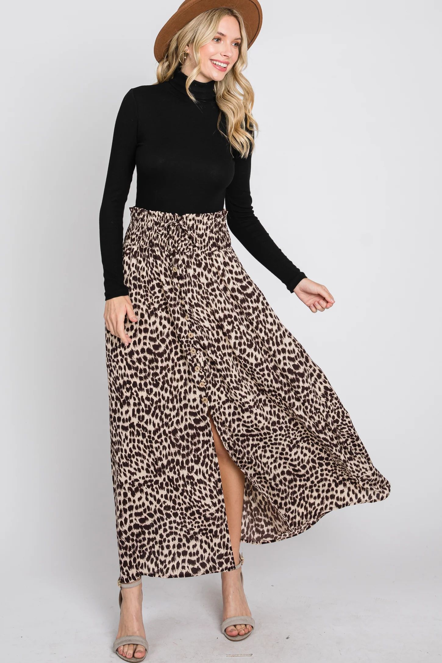 Brown Satin Leopard Drawstring Maxi Skirt | PinkBlush Maternity