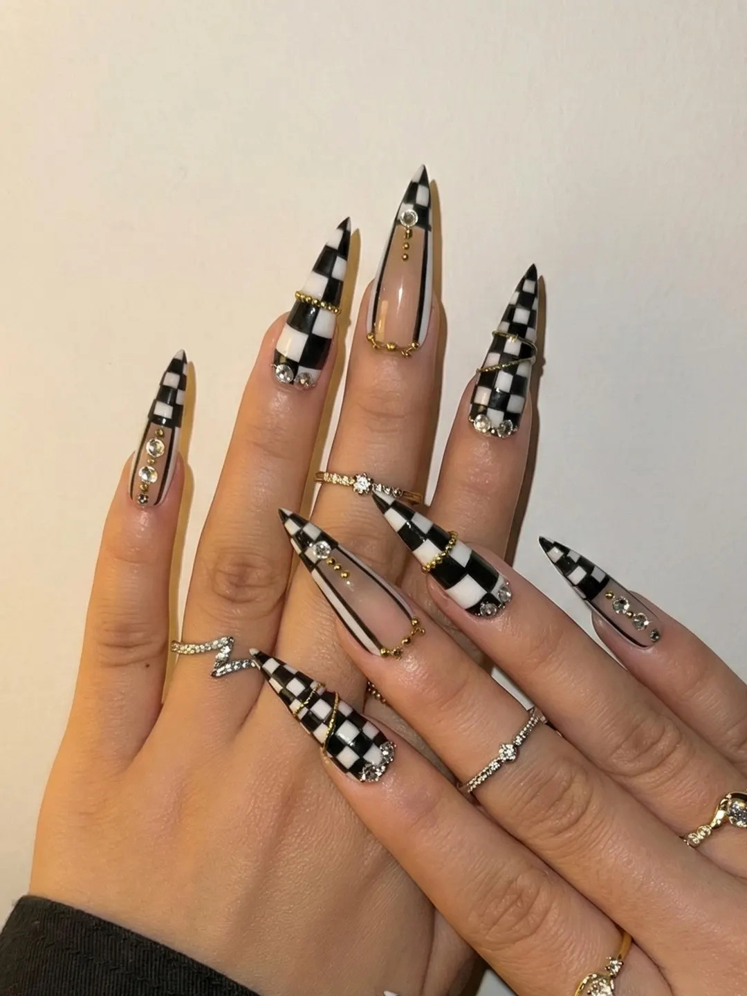 Gothic Stiletto Press on Nails | Black & White Checker, Gold Accent| HB1264EC - Etsy | Etsy (US)